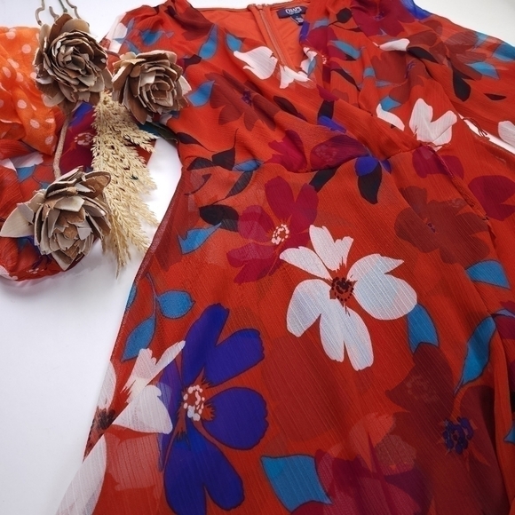 CHAPS Reddish Orange Blue Floral Dress Size 4 - Picture 14 of 15
